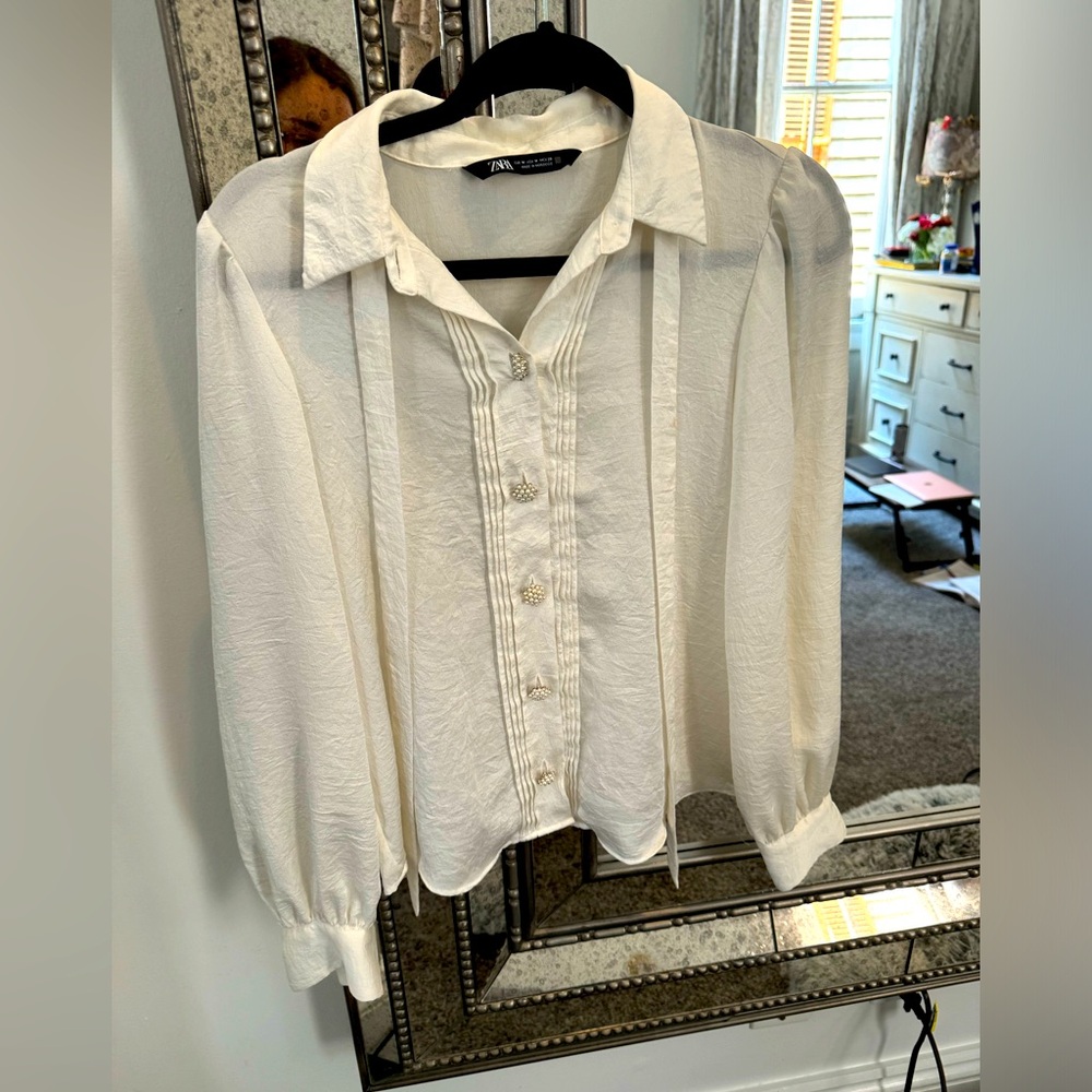 Zara button up cream blouse with pearl detail